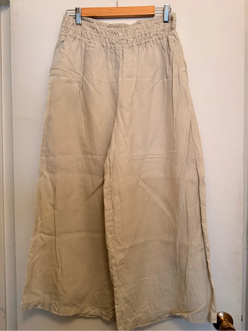 Anthropologie Beige Wide-Leg Linen Elastic Waist Capris